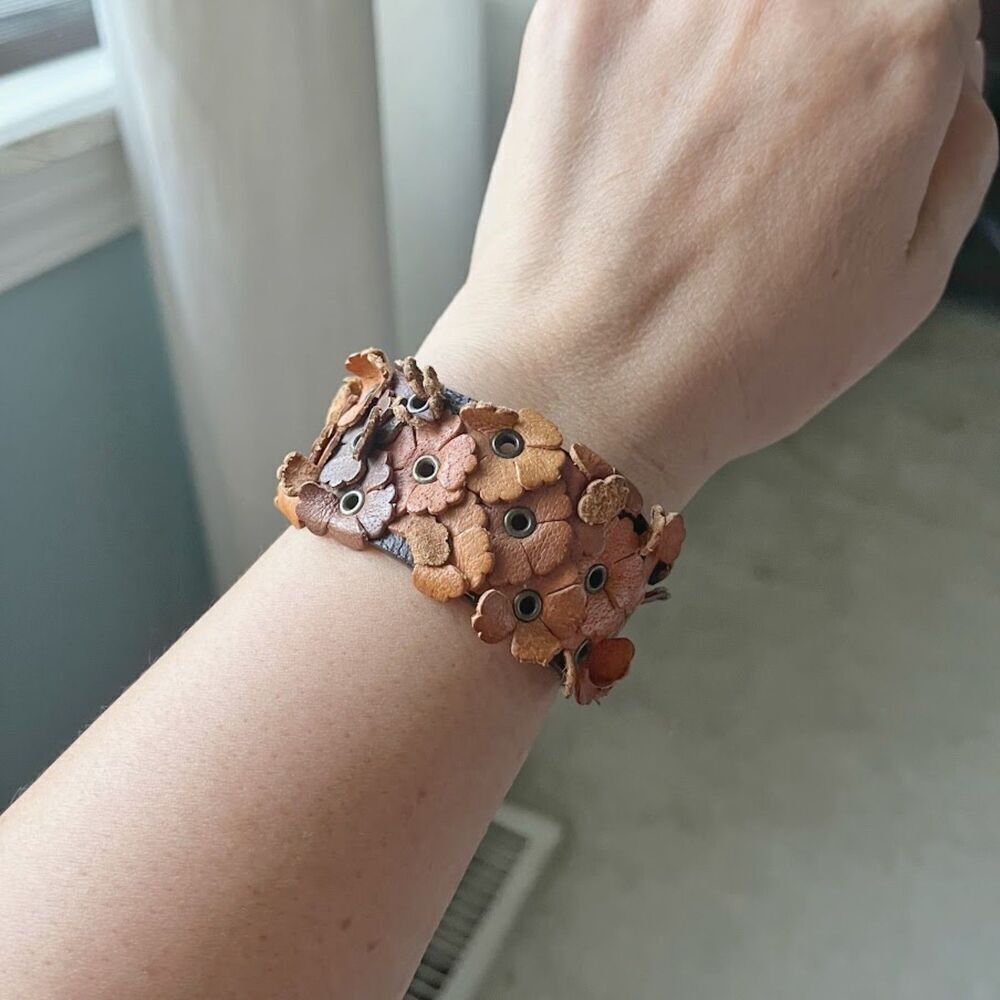 Genuine Leather Floral Design Wider Strap Snap Closure Cuff Bracelet